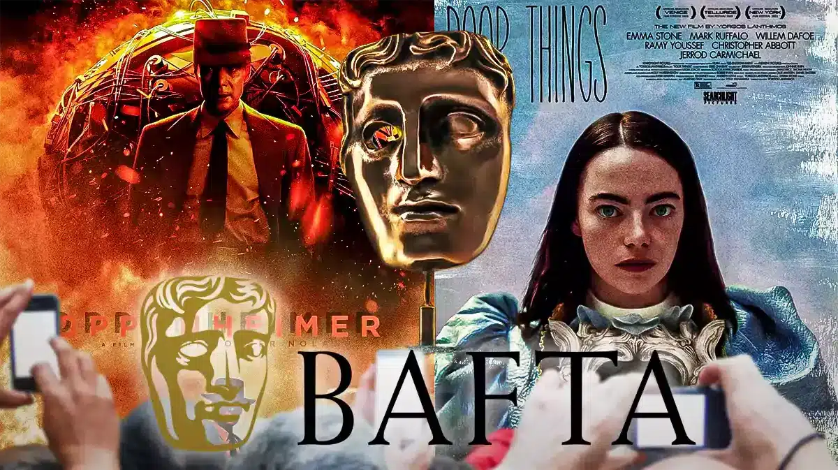 BAFTA logo and trophy with posters of Oppenheimer and Poor Things.