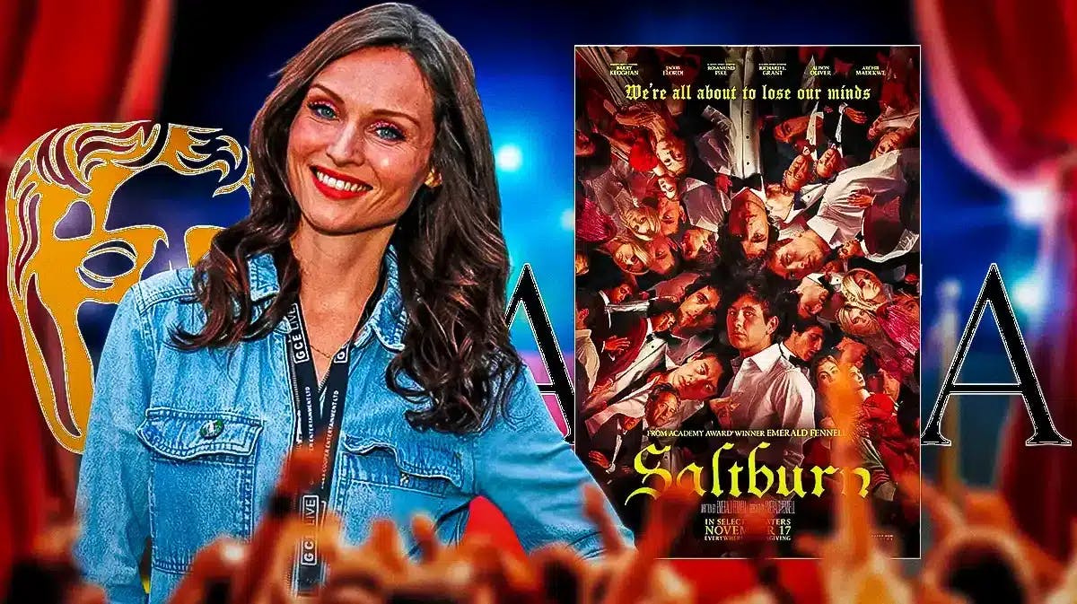 Sophie Ellis-Bextor next to Saltburn poster and BAFTAs logo.