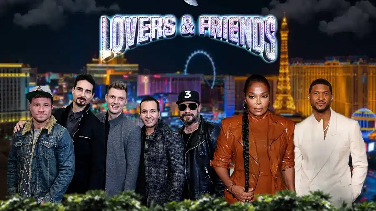 The Backstreet Boys, Janet Jackson and Usher in front of the Las Vegas strip with Lovers & Friends logo