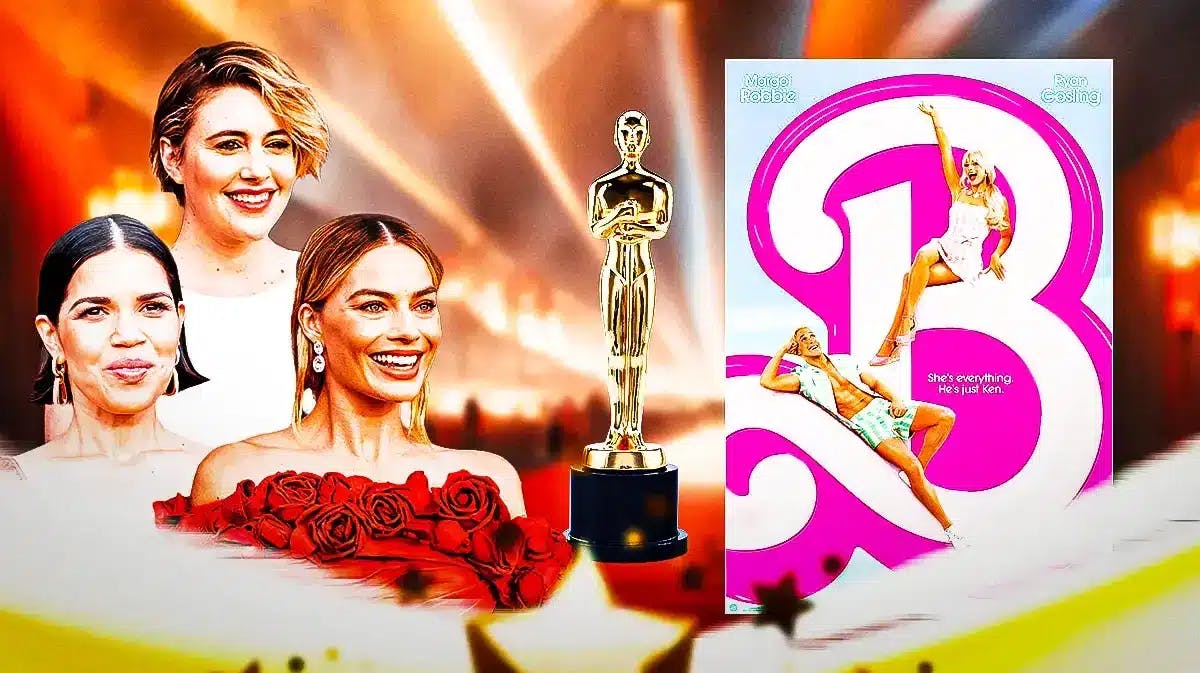 America Ferrera, Margot Robbie, and Greta Gerwig next to Oscars trophy and Barbie poster.