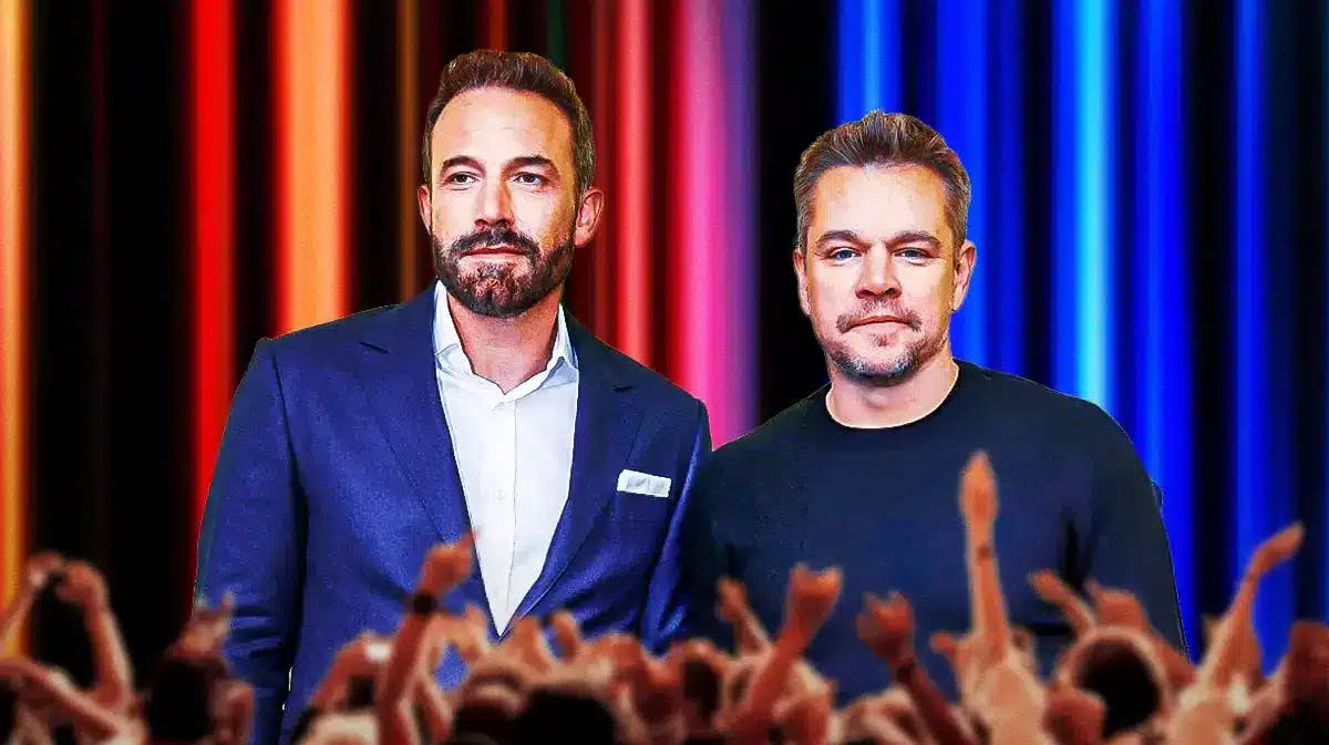 Pic of Matt Damon and Ben Affleck, with some Netflix imagery in the background