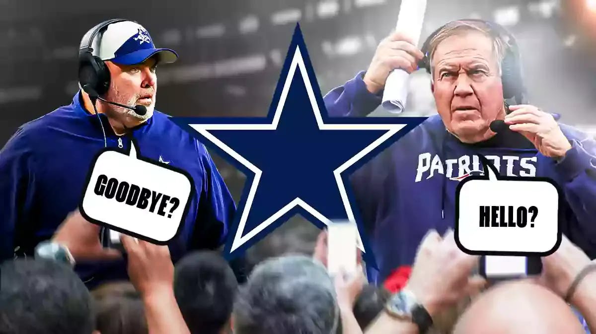 Dallas Cowboys coach Mike McCarthy on left side of image with text graphic “Goodbye?” under image, a Dallas Cowboys logo in middle of image, and former NE Patriots coach Bill Belichick on right side of image with text graphic “Hello?” under image.