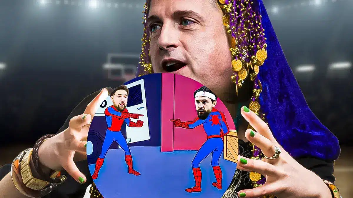 Bill Simmons as a fortune teller with crystal ball. Inside the crystal ball is the Spiderman meme of Klay Thompson and Joe Harris pointing at each other
