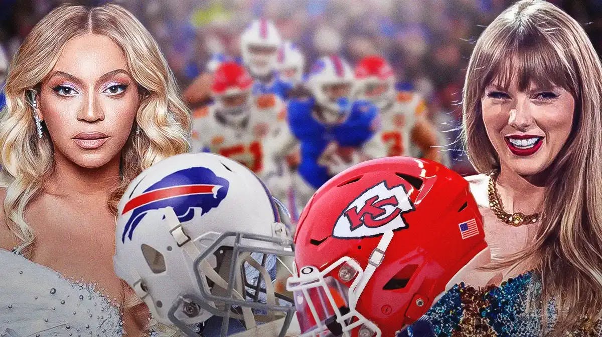 A Bills helmet going head to head with a Chiefs helmet, with Beyoncé on the Bills side of the pic, and Taylor Swift on the Chiefs side