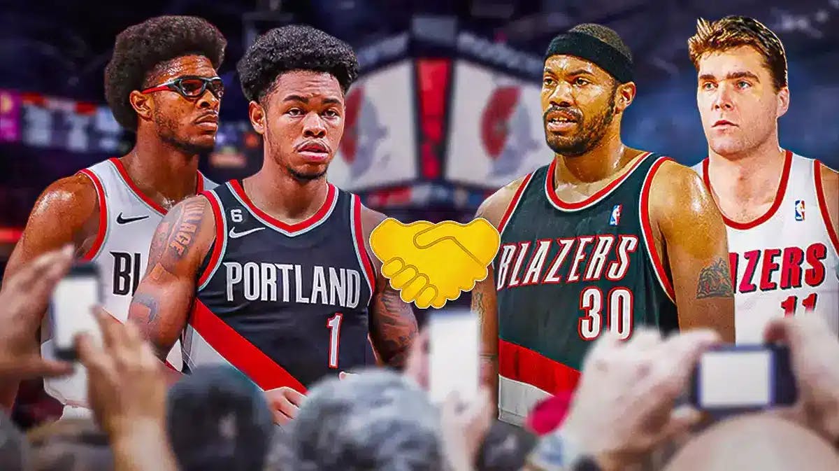 Blazers' Scoot Henderson and Anfernee Simons sad on the left, with a shake hands emoji in the middle, with 1998 Blazers Rasheed Wallace and Arvydas Sabonis sad on the right