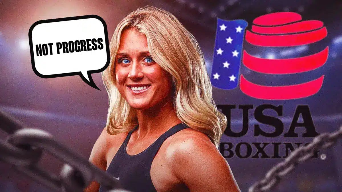 Riley Gaines saying: ‘Not progress’ in a boxing ring, the USA Boxing logo behind her