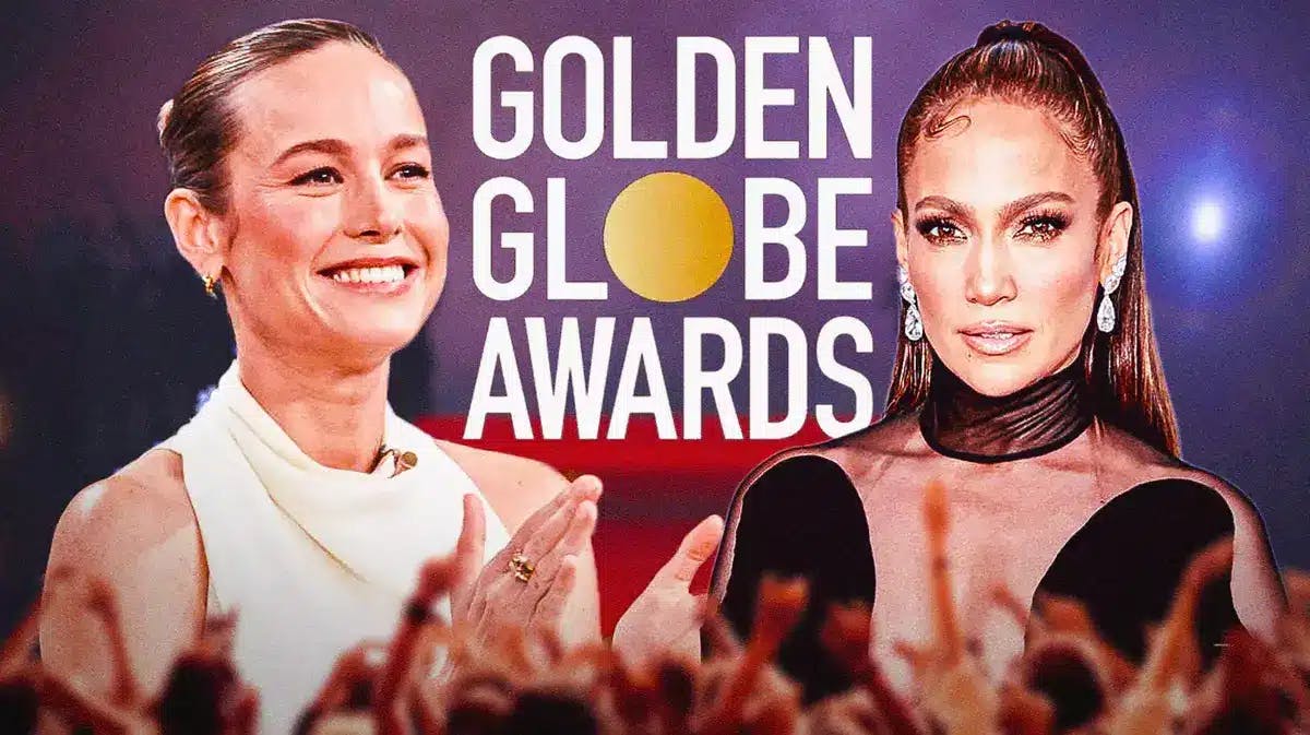 Brie Larson and Jennifer Lopez with red carpet background and Golden Globe Awards logo.