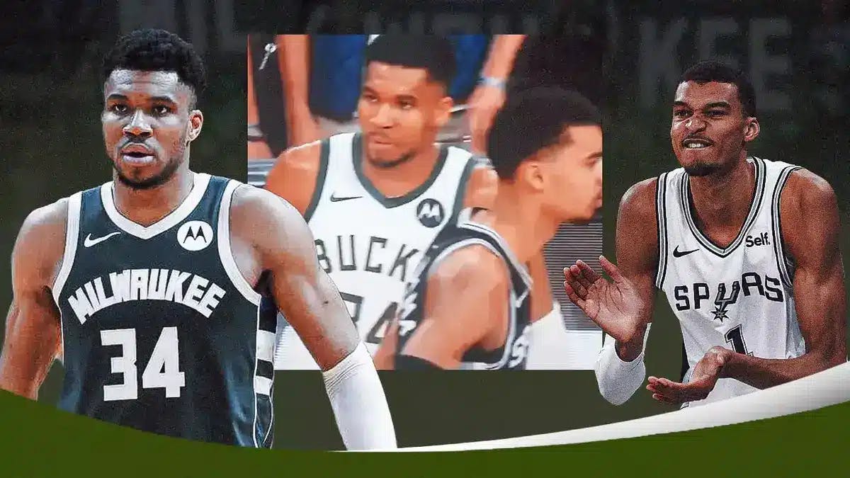 Bucks' Giannis Antetokounmpo looking confused, with Spurs' Victor Wembanyama smiling, screenshot of their interaction in the middle