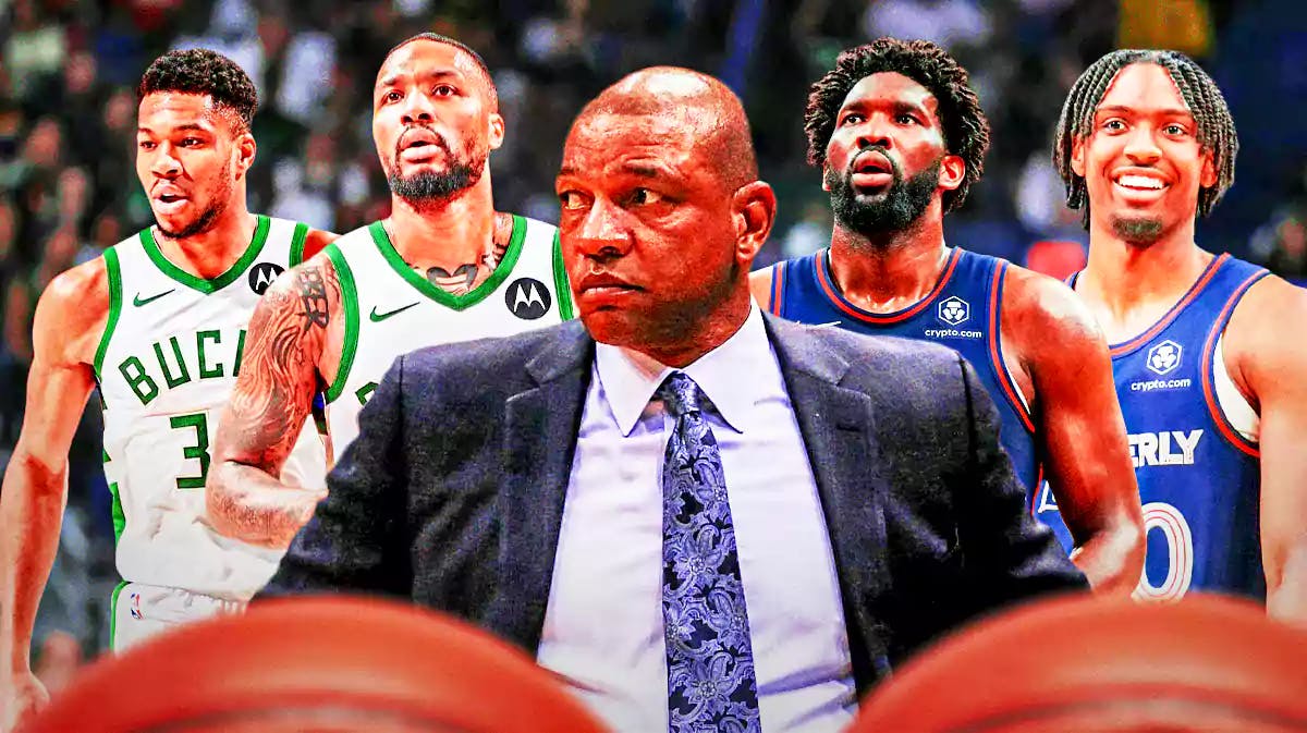 Doc Rivers in front of Bucks' Giannis Antetokounmpo, Damian Lillard and Sixers' Joel Embiid and Tyrese Maxe