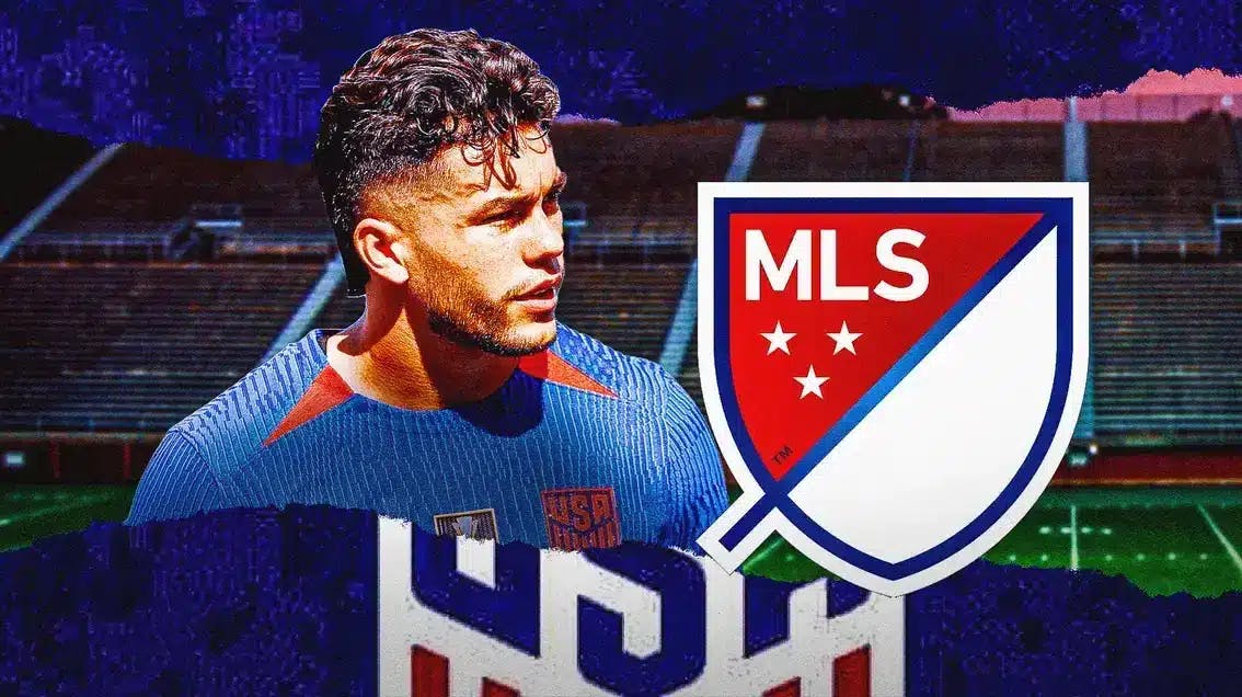 Cade Cowell in front of the USMNT logo, the MLS logo crossed out next to it