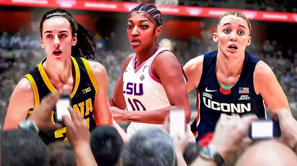 Iowa women’s basketball player Caitlin Clark, LSU women’s basketball player Angel Reese and UConn women’s basketball player Paige Bueckers