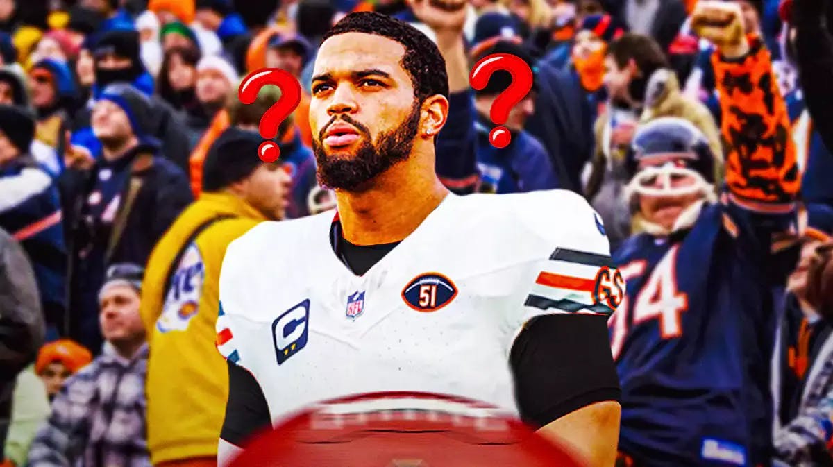 Photo: Caleb Williams in Bears jersey with question marks above him, screaming Bears fans in background