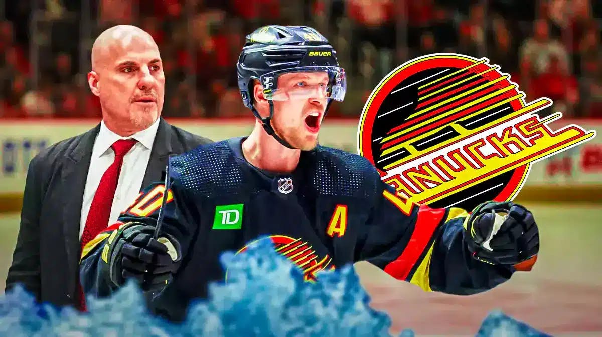 Elias Pettersson in middle of image looking stern, Rick Tocchet on one side looking stern, VAN Canucks logo, hockey rink in background