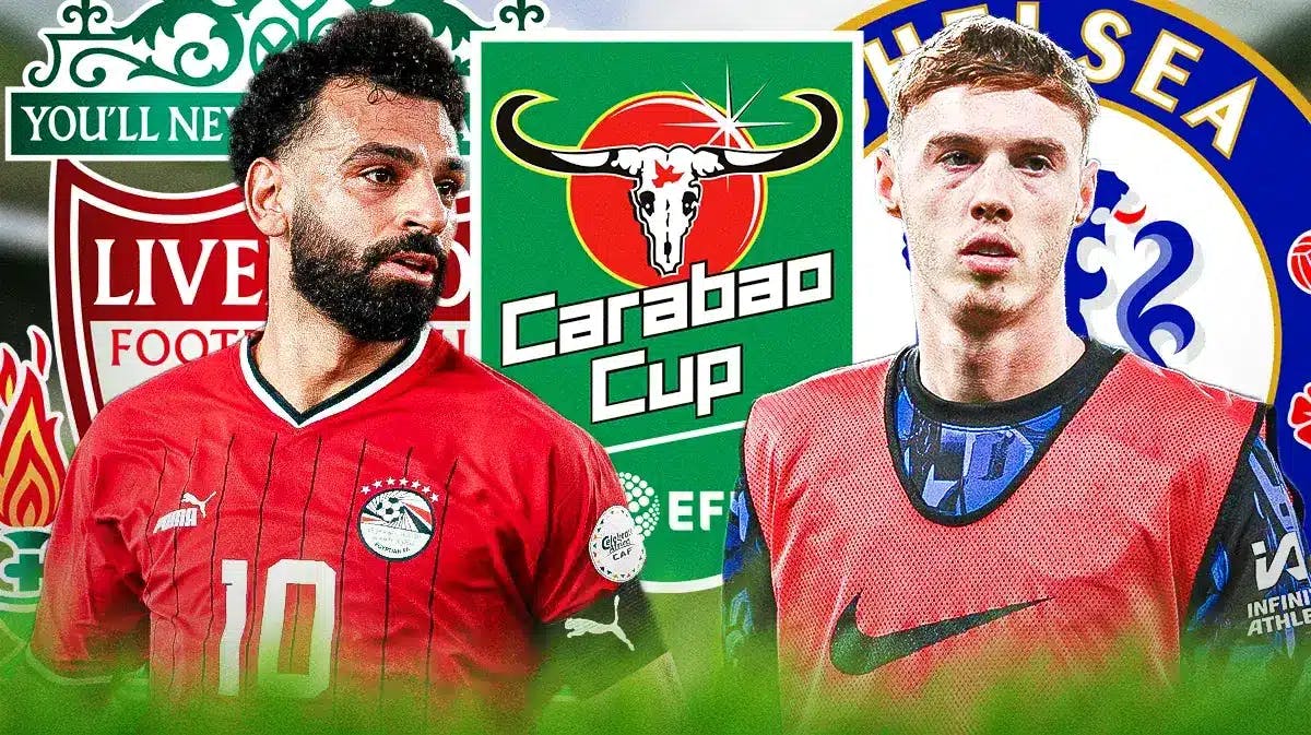 Mohamed Salah in front of the Liverpool logo, Cole Palmer in front of the Chelsea logo, the Carabao Cup logo in the middle