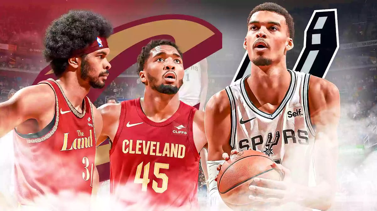 Donovan Mitchell and Jarrett Allen alongside Victor Wembanyama with the Cavs and Spurs logos in the background