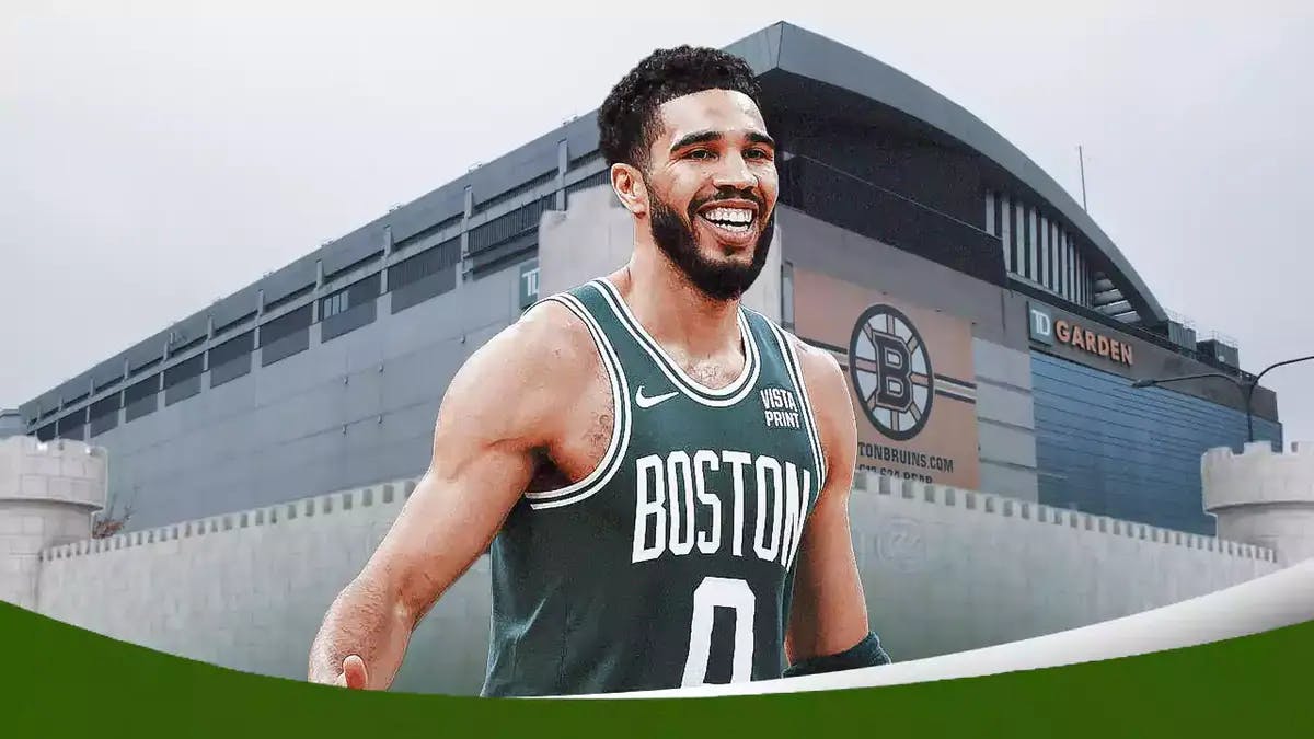 Celtics' Jayson Tatum guarding a fortress, with the TD Garden building inside a fortress