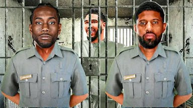 Thumb: Celtics' Jayson Tatum in a straitjacket and behind bars. Kawhi Leonard, Paul George wearing jail warden guards.