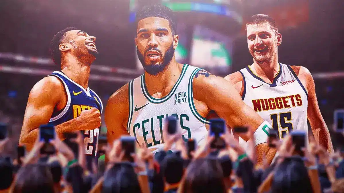 Nuggets' Jamal Murray and Nikola Jokic celebrating behind the Celtics' Jayson Tatum