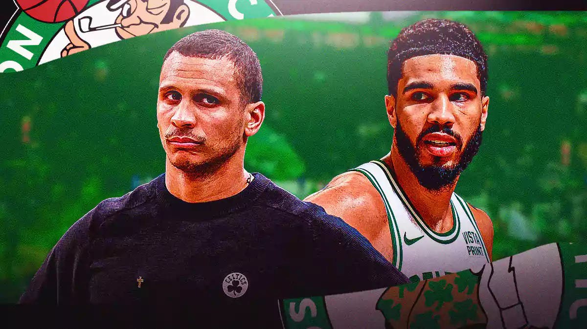 Jayson Tatum and Joe Mazzulla with the Celtics arena in the background