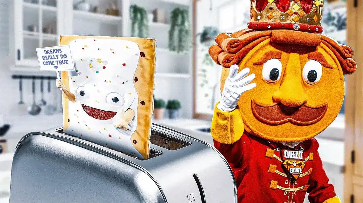 The Pop-Tarts mascot is lowered into a fake toaster, alongside an image of the Cheez-It mascot