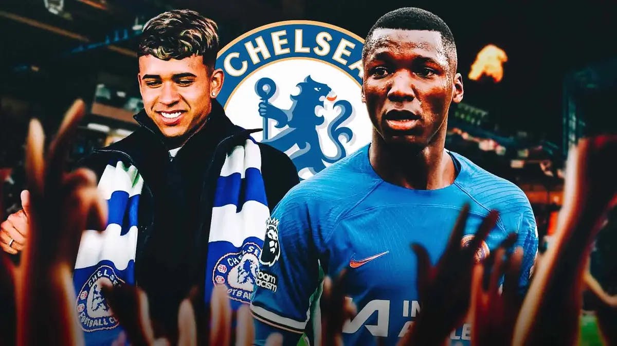 Moises Caicedo and Kendry Paez in front of the Chelsea logo