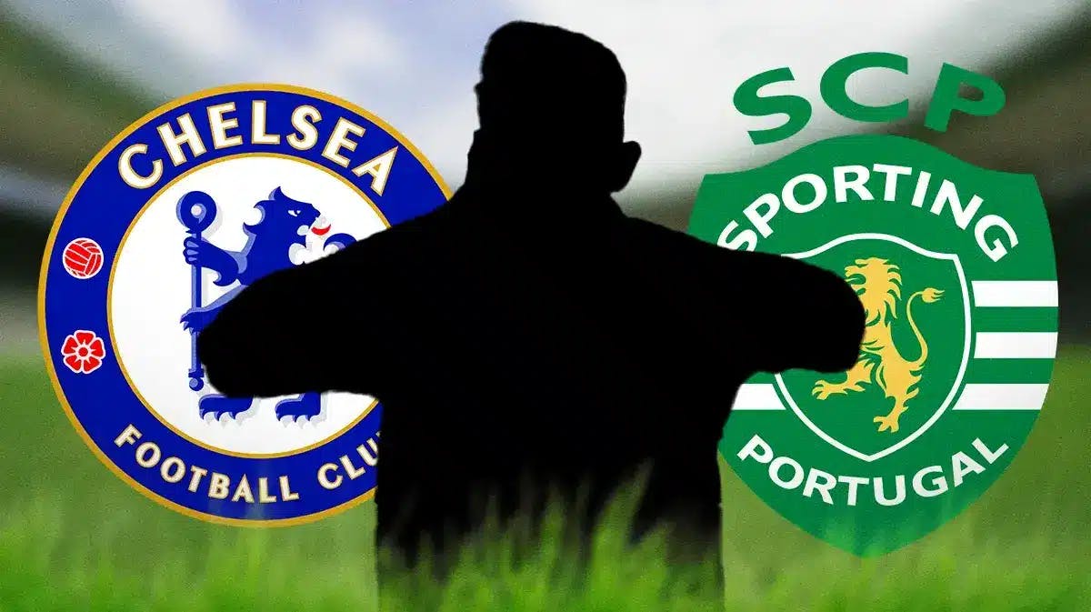 The silhouette of Viktor Gyokeres in front of the Chelsea and Sporting CP logos