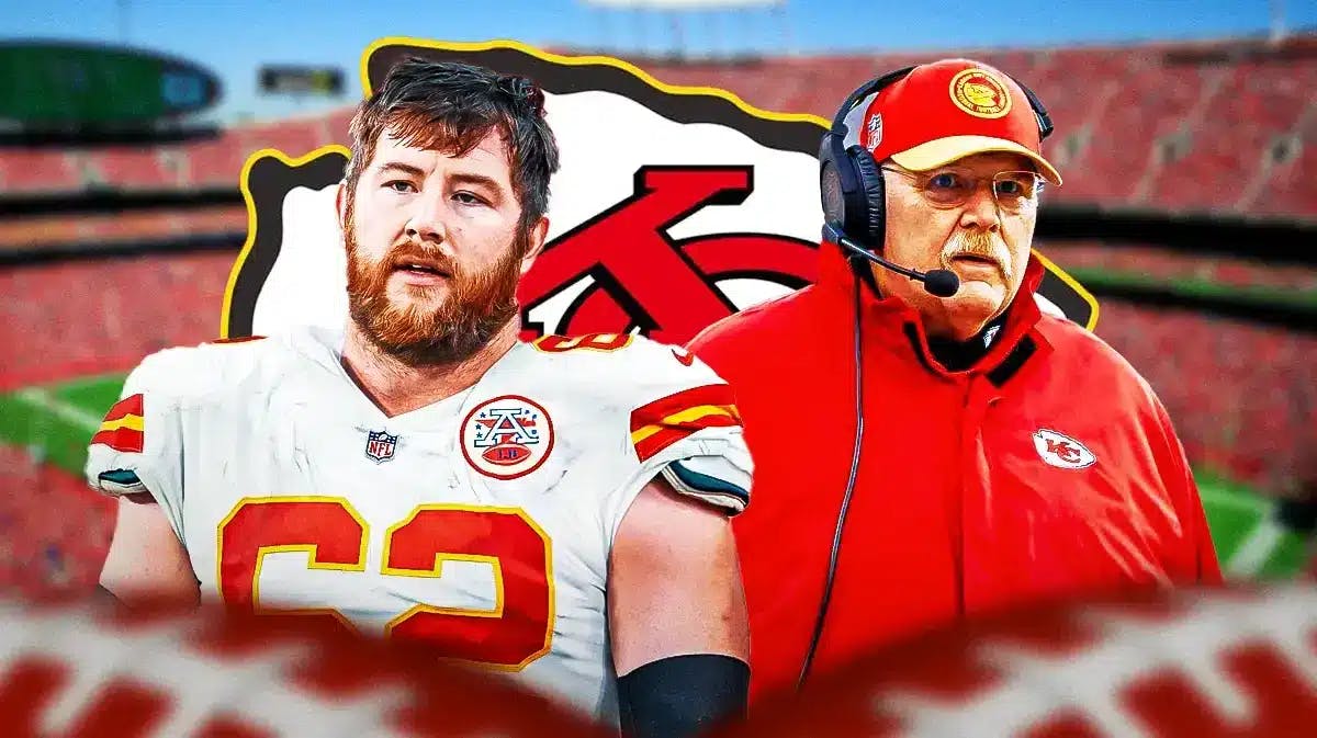 Joe Thuney and Andy Reid in front of a Chiefs logo at Arrowhead Stadium