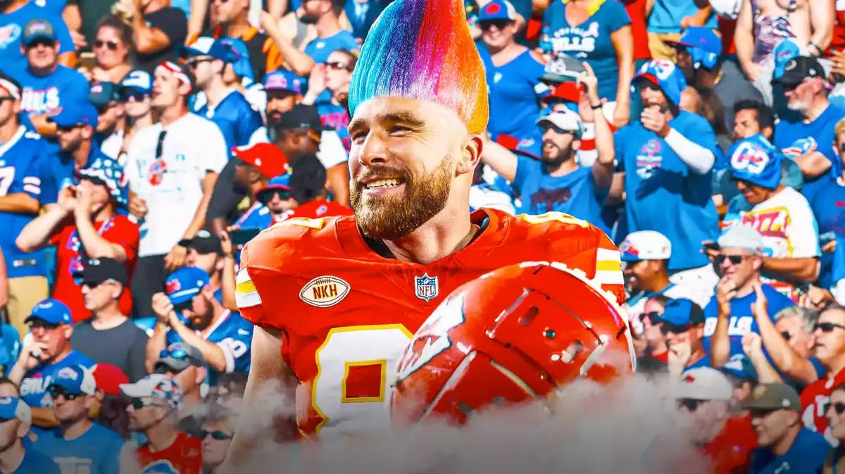 KC Chiefs' Travis Kelce looking happy and please photoshop rainbow troll hair onto his head. Something like this, thanks. And please have mad looking Buffalo Bills fans in background of image.