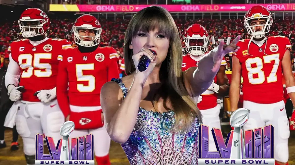 Chiefs players standing behind Taylor Swift