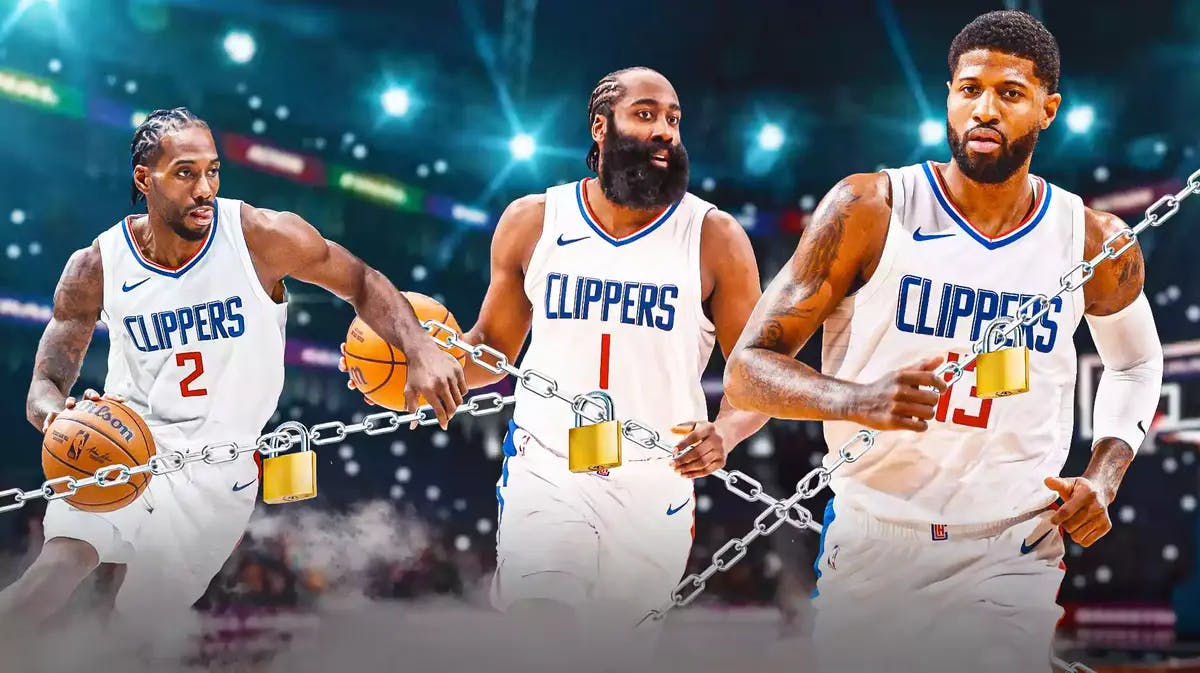 Clippers' Paul George, Kawhi Leonard, and James Harden all holding chains with padlock on it