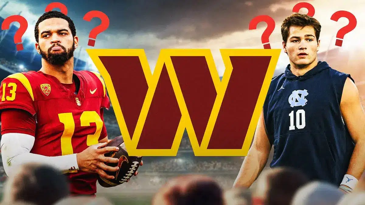 A Washington Commanders logo in middle of image, on one side of it USC quarterback Caleb Williams and on the other side North Carolina quarterback Drake Maye, and question marks surrounding the image.