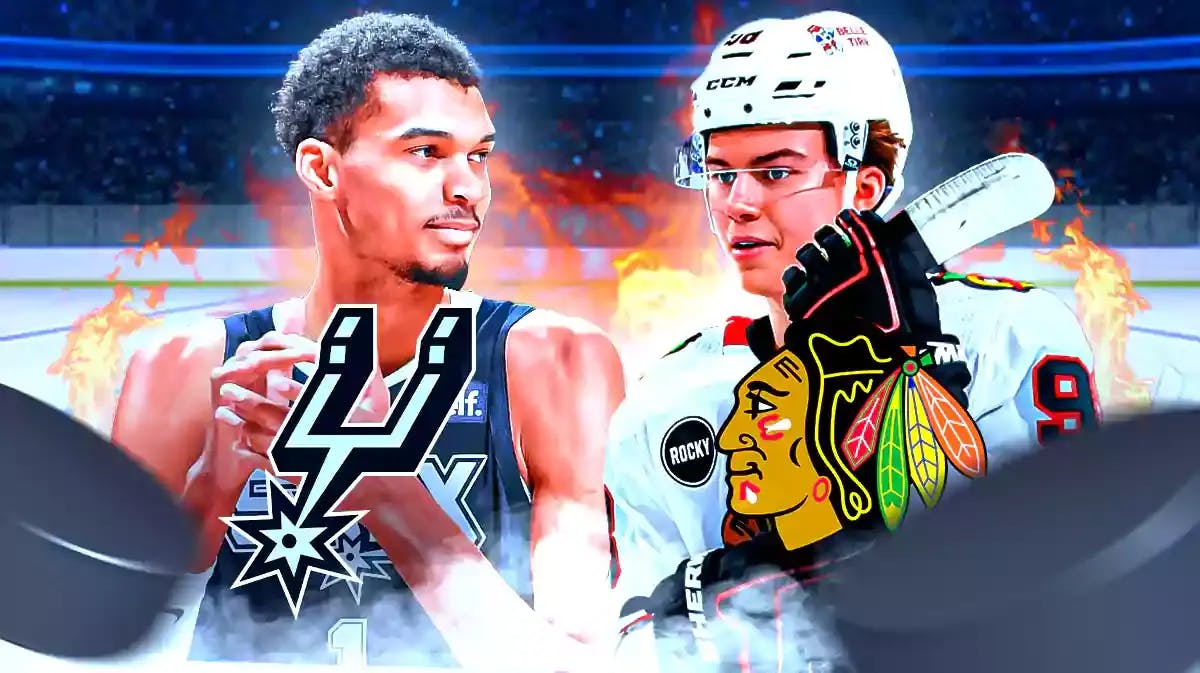 Connor Bedard on one side with CHI Blackhawks logo, Victor Wembanyama on other side with SA Spurs logo, both looking happy, fire around them, hockey rink in background