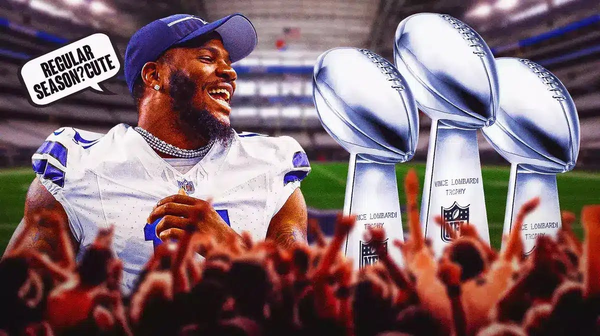 Dallas Cowboys' Micah Parsons and speech bubble “Regular season? Cute” and please put three Super Bowl trophies prominently next to Parsons to signify the three Super Bowl wins the 1990s Cowboys won and Parsons is referring to in his quote.