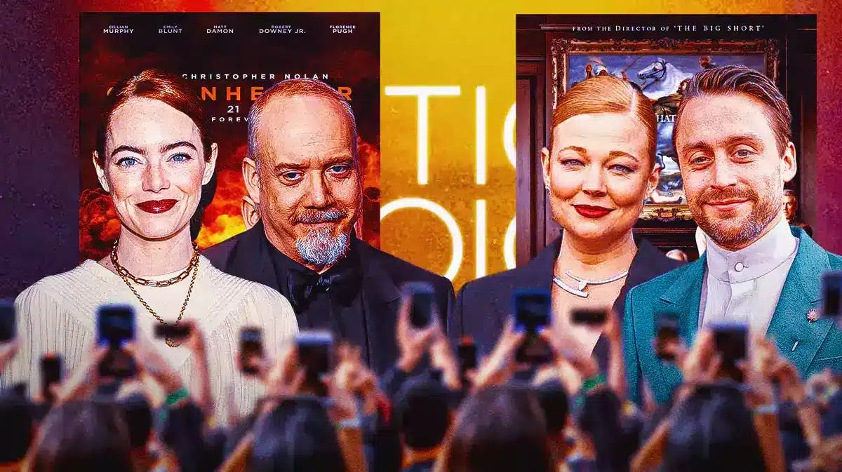 Emma Stone, Paul Giamatti, Sarah Snook, Kieran Culkin in front of a crowd; background posters of Oppenheimer and The Bear