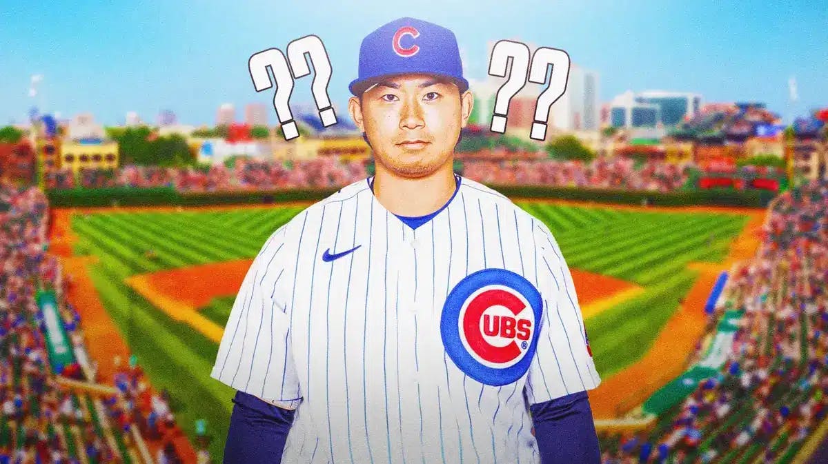 Shota Imanaga in a Cubs uniform with Wrigley Field background. Place a question mark next to him.