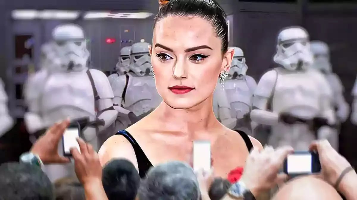 Daisy Ridley with Star Wars behind her.