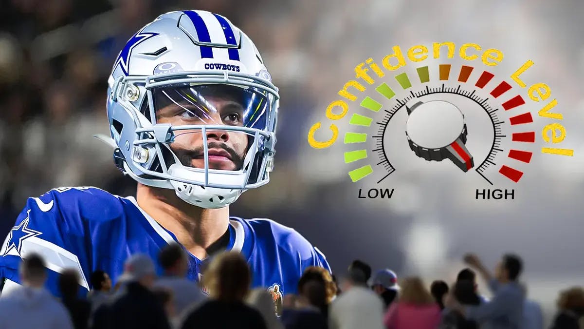 Dallas Cowboys' Dak Prescott and image of a confidence meter on high.
