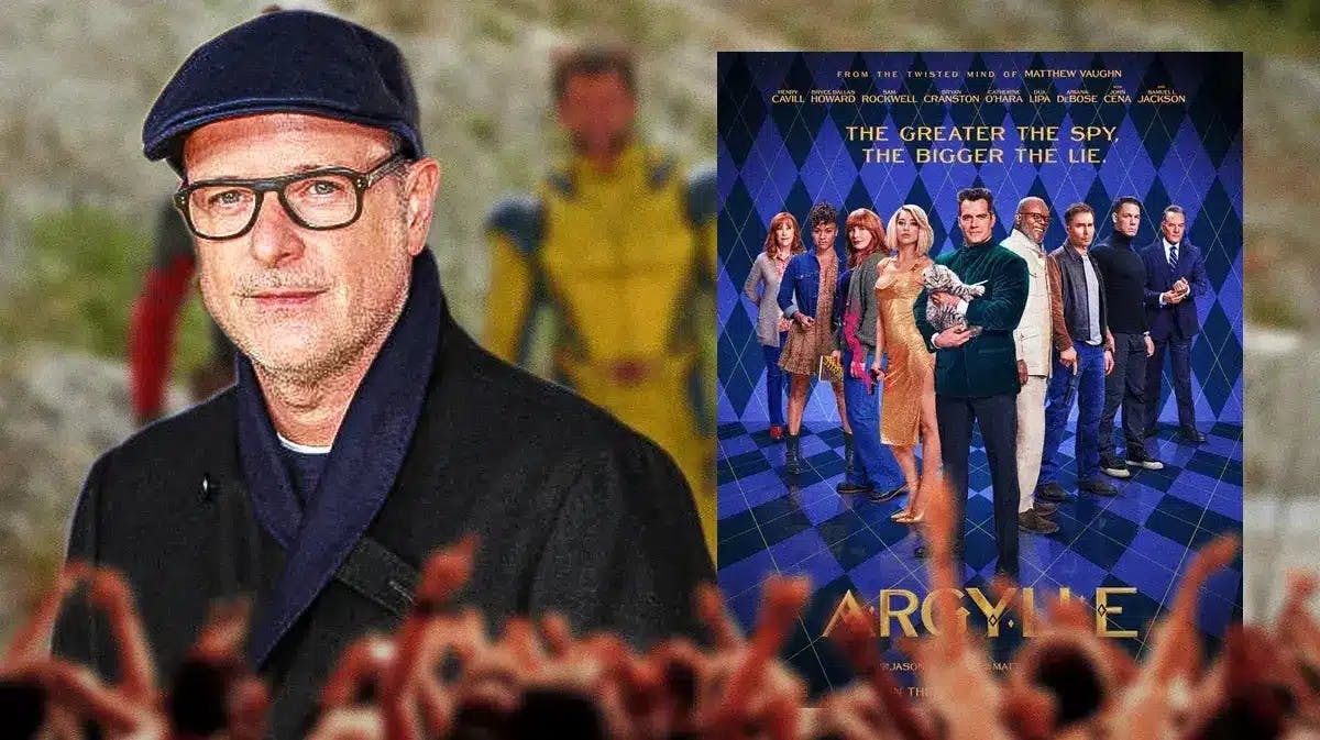 Pic of director Matthew Vaughn alongside the movie poster for Argylle