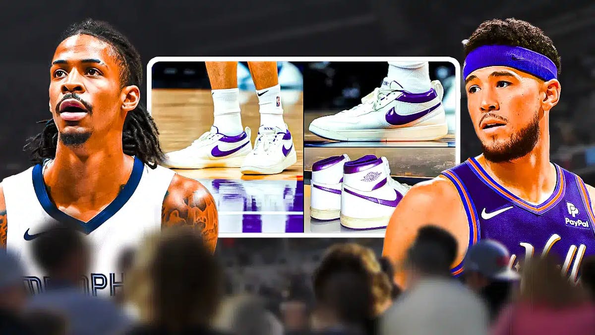Devin Booker alongside Ja Morant with the Suns arena in the background, also include a screenshot of the shoes from the link