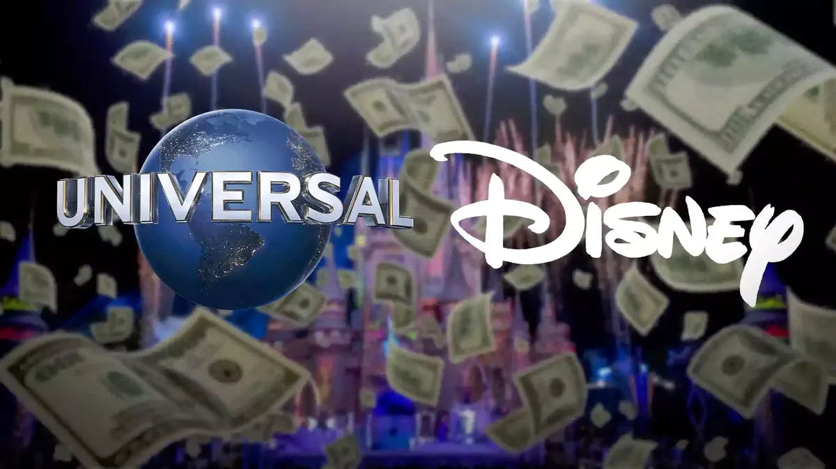 Universal Pictures and Disney logos with money in background.