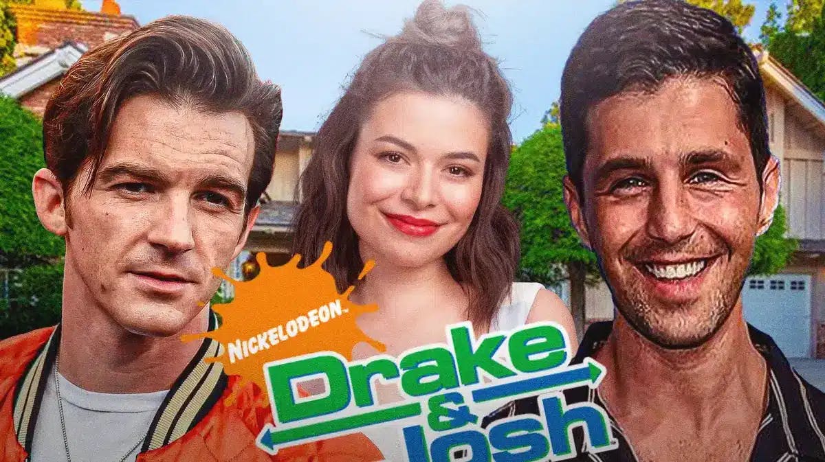 Drake & Josh logo with Drake Bell, Miranda Cosgrove, and Josh Peck in front of the house from the show.