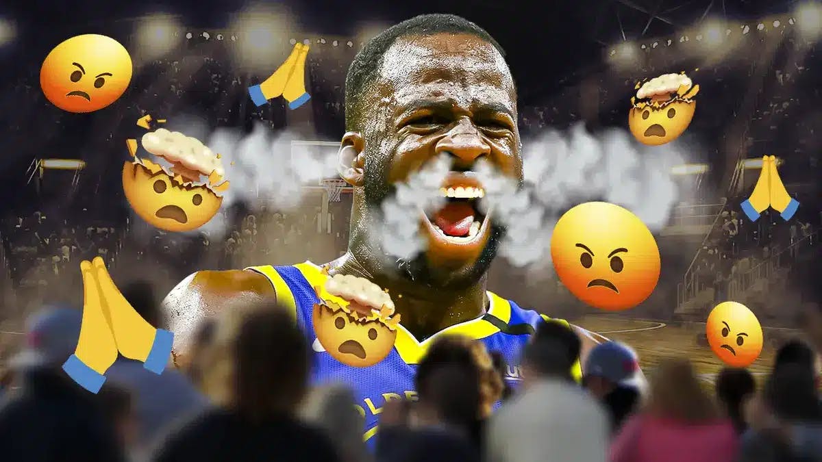 Draymond Green with smoke coming out his nose and ears. A mix of angry, mind-blown and prayer emojis in the background