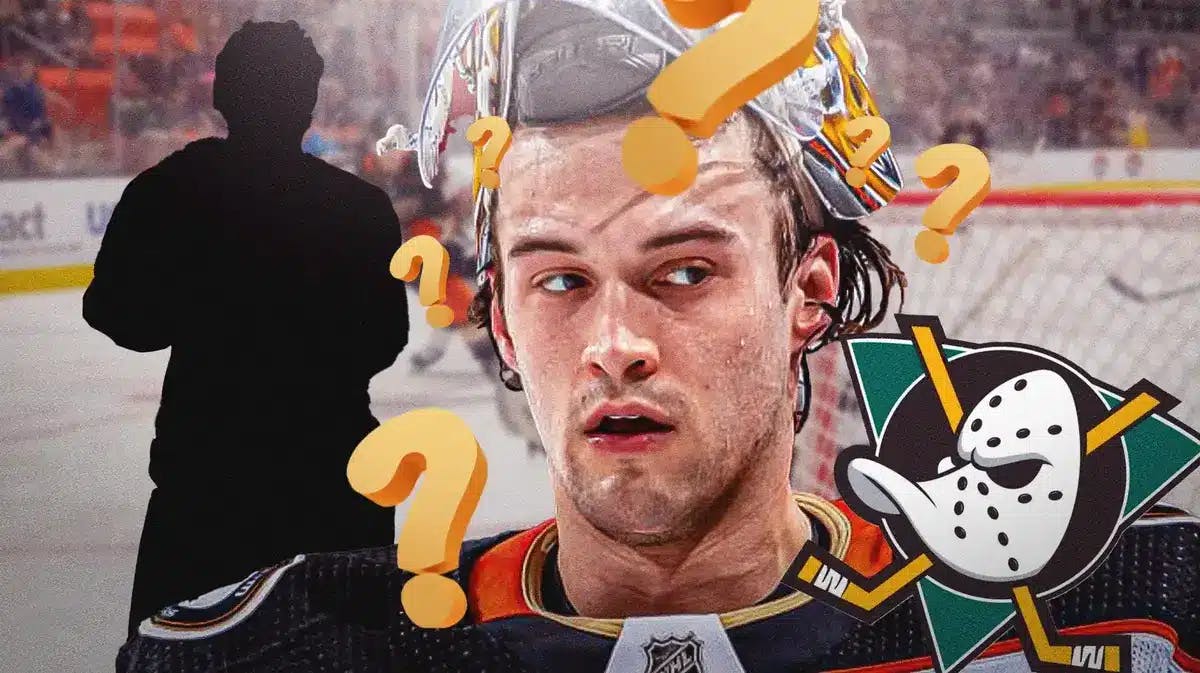 John Gibson on one side of image with a few question marks around him, ANA Ducks logo, a silhouetted ANA Ducks player, hockey rink in background