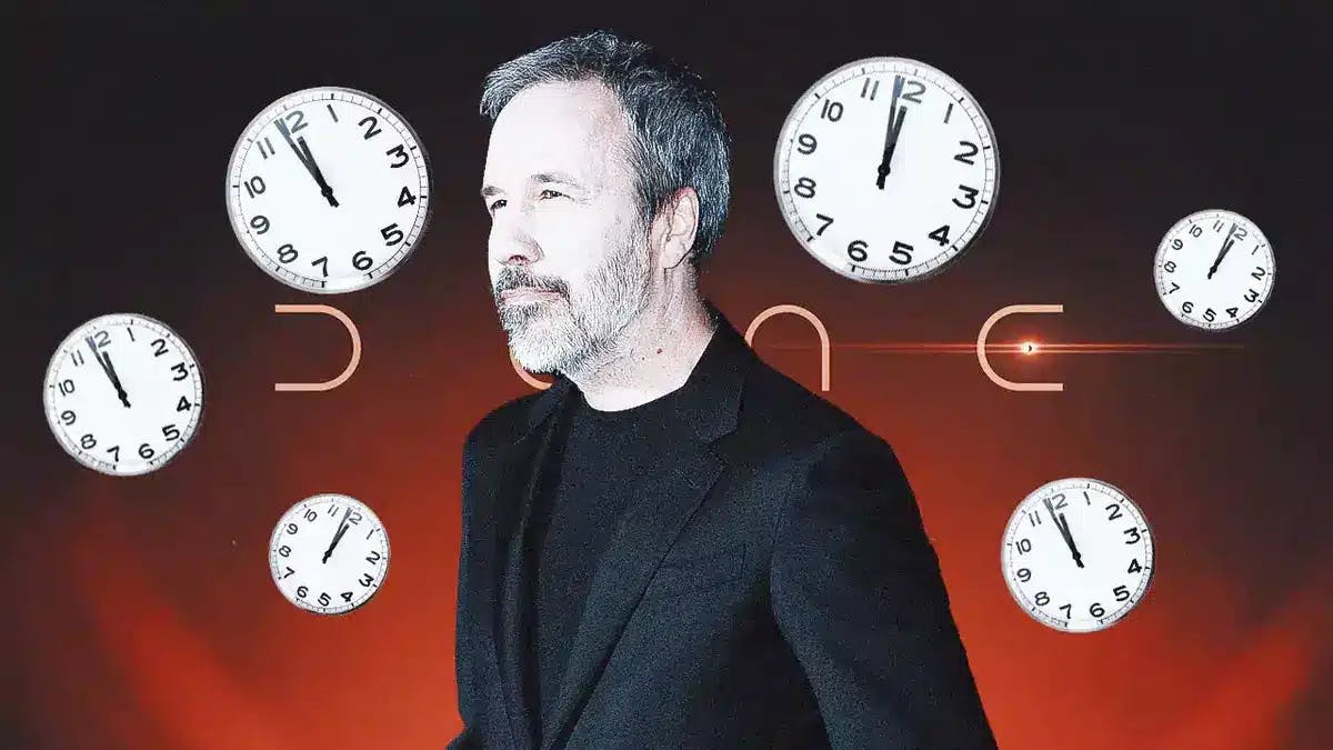 Dune Part 2 logo in the background with Denis Villeneuve surrounded by clocks.