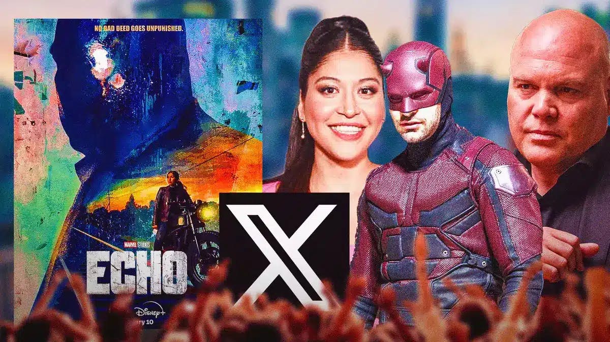 Echo MCU poster next to X (formerly Twitter logo), Alaqua Cox and Charlie Cox as Daredevil and Vincent D'Onofrio as Wilson Fisk/Kingpin.