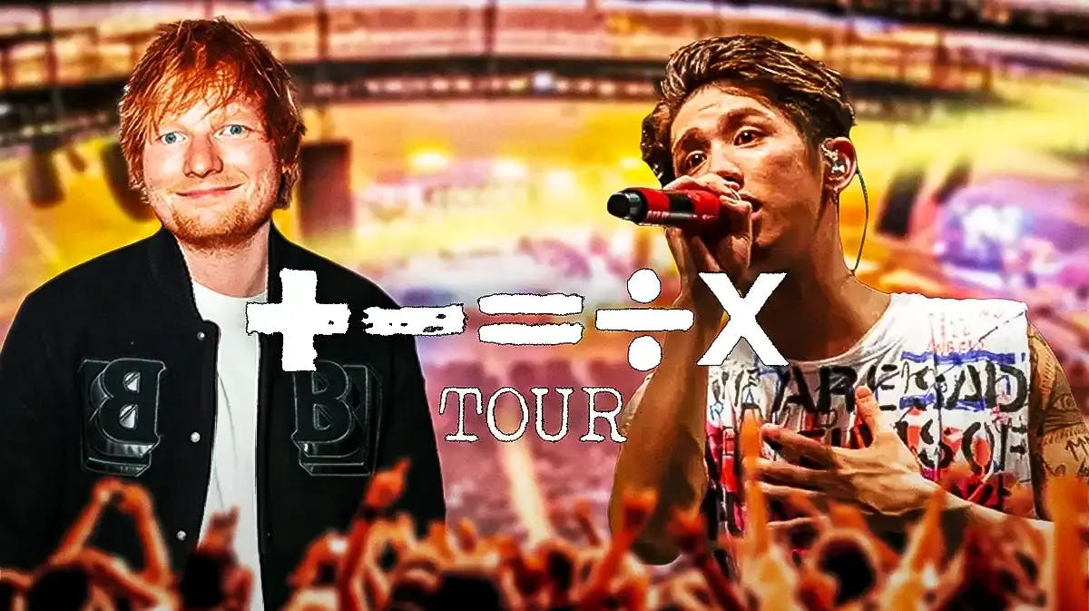 Ed Sheeran and Taka in front of Mathematics tour logo and stadium background.