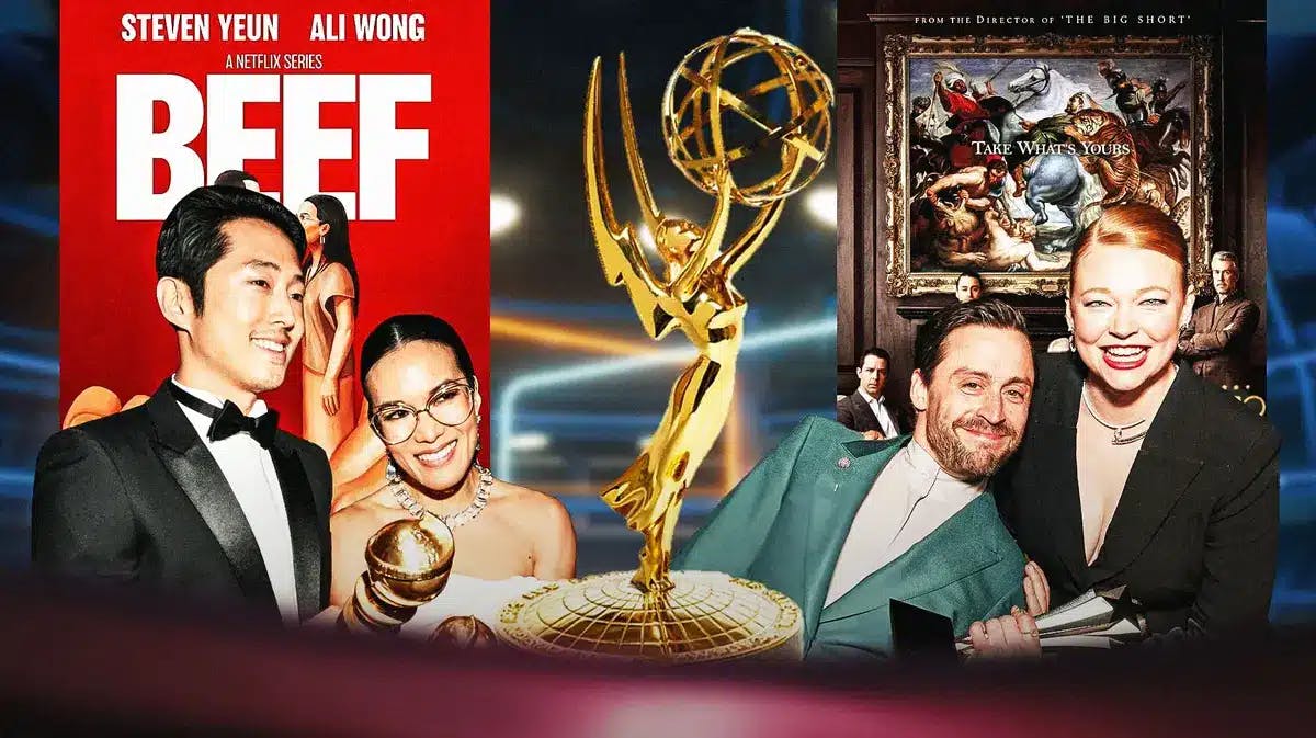 Posters of Beef and Succession with the Emmy trophy in between; Photos of Ali Wong & Steven Yeun and Kieran Culkin & Sarah Snook.