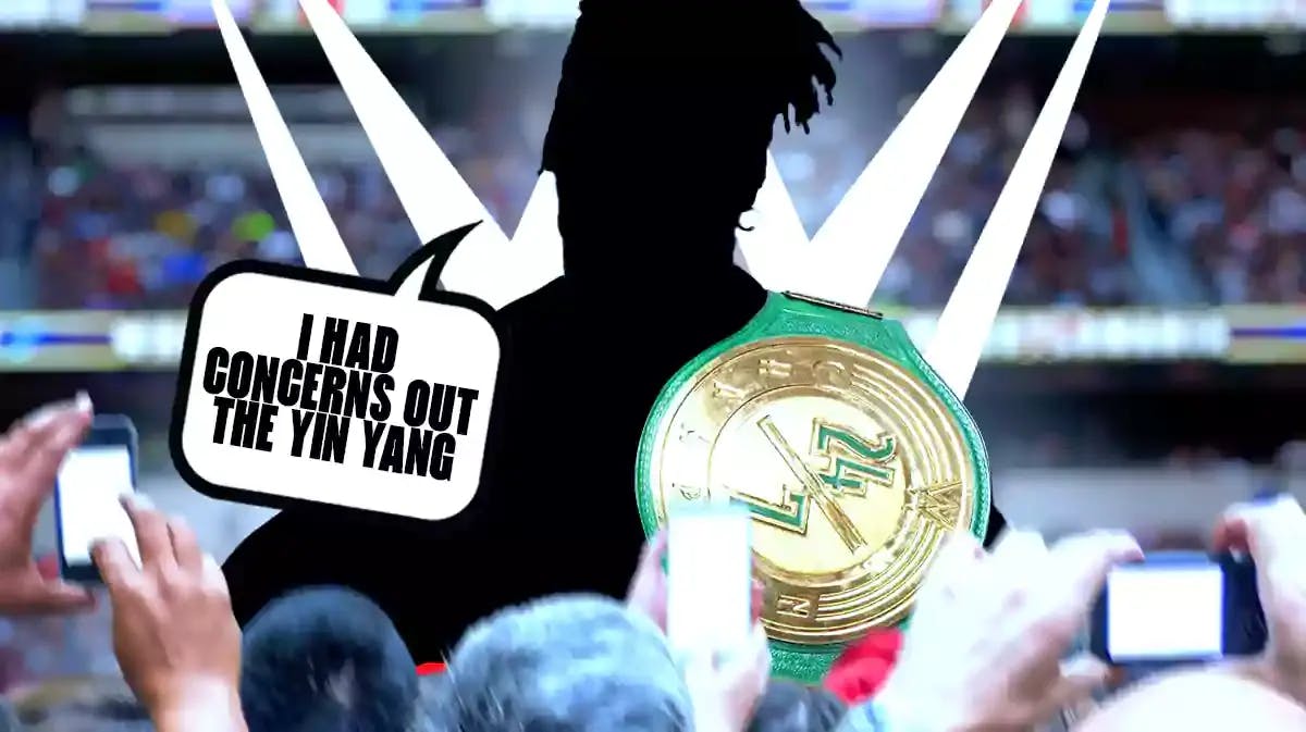 The blacked out silhouette of R-Truth with a text bubble reading “I had concerns out the yin yang” with the non-blacked out 24/7 Championship around his waist with the WWE logo as the background.