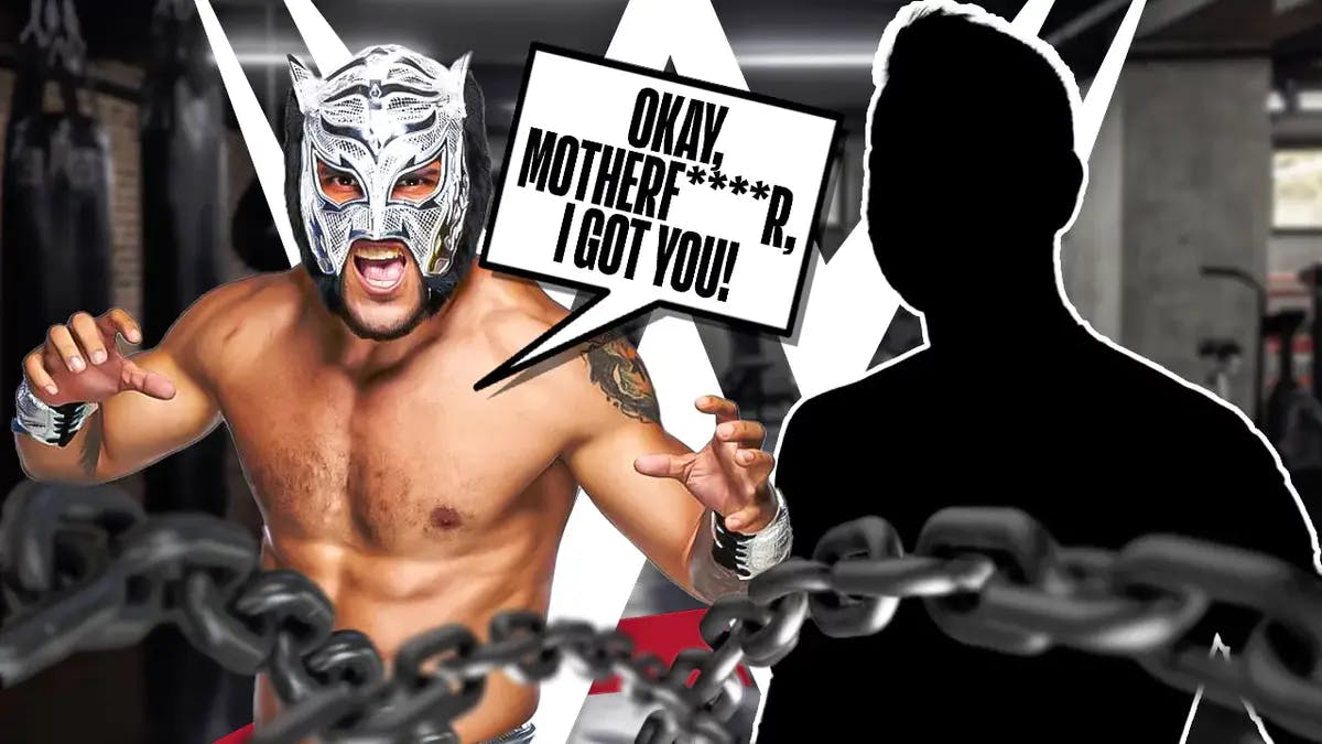 Lince Dorado with a text bubble reading “ Okay, motherf****r, I got you” next to the blacked-out silhouette of Mike Quackenbush with the WWE logo as the background.
