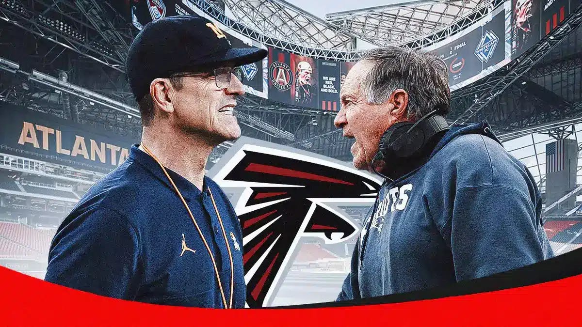 Jim Harbaugh and Bill Belichick next to the Falcons logo